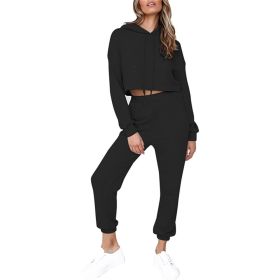 2 Piece Outfits for Women Crewneck Long Sleeve Crop Tops and Wide Leg Pants Sets (Color: Black, size: S)
