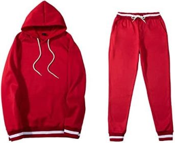 Mens 2 Piece Tracksuit Running Jogging Hoodie Pants Sets Loose Hooded Plus Velvet and Thick Sport Suit (Color: Red, size: M)