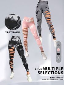 3 Pack Women's Tie Dye Cutout Tights High Waist Workout Yoga Leggings, Scrunch Butt Lifting Elastic Pants (Color: 3PACK3, size: S)