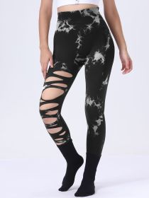 Butt Lifting Yoga Gym Athletic Pants, Hollow Out Tummy Control Sports Leggings Tie Dye Running Pants (Color: Black, size: L)
